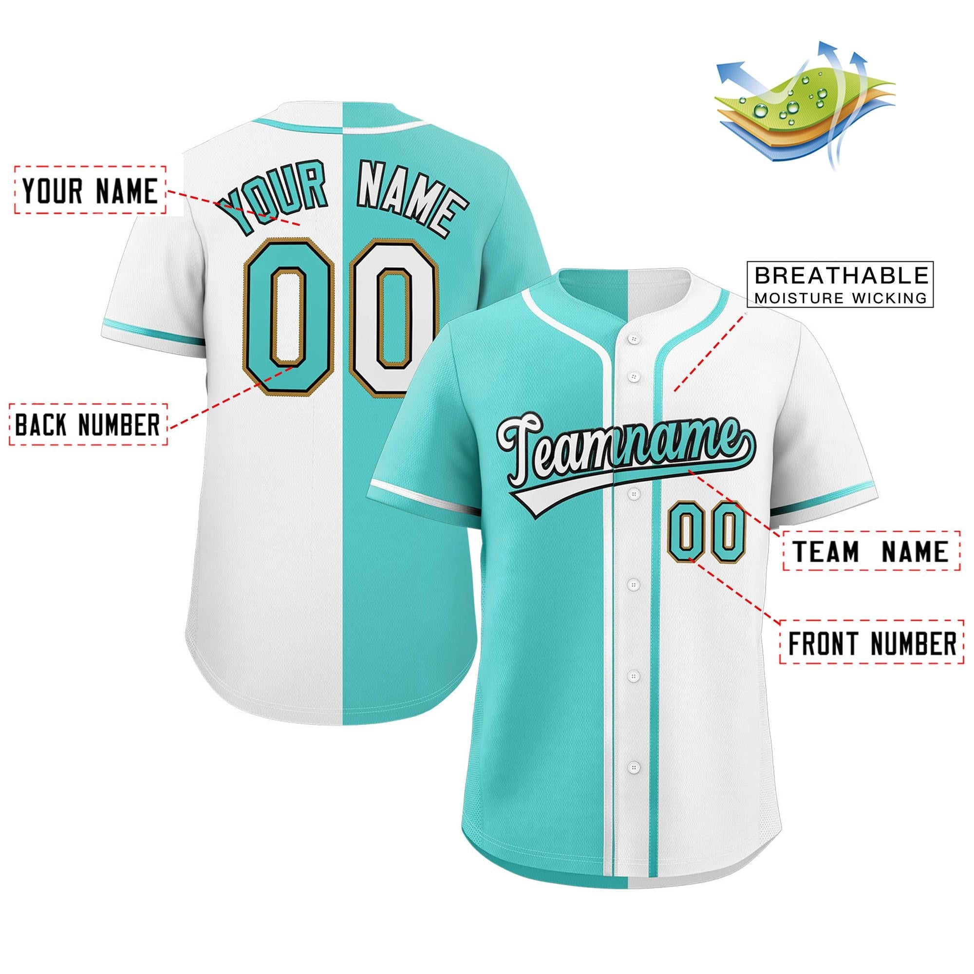 aqua & white custom split baseball jersey