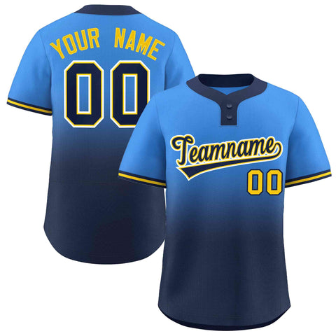 Custom Powder Blue Navy Navy-Gold Gradient Fashion Authentic Two-Button Baseball Jersey