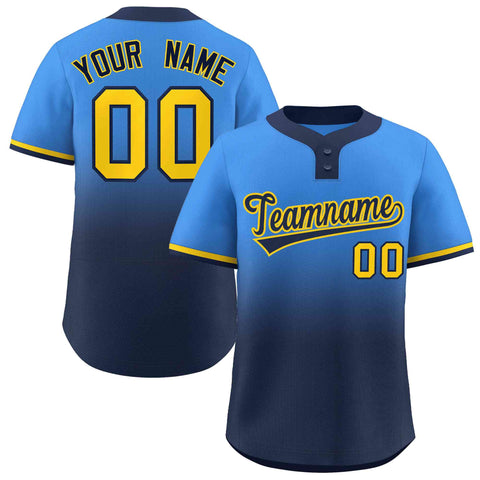 Custom Powder Blue Navy Navy-Gold Gradient Fashion Authentic Two-Button Baseball Jersey