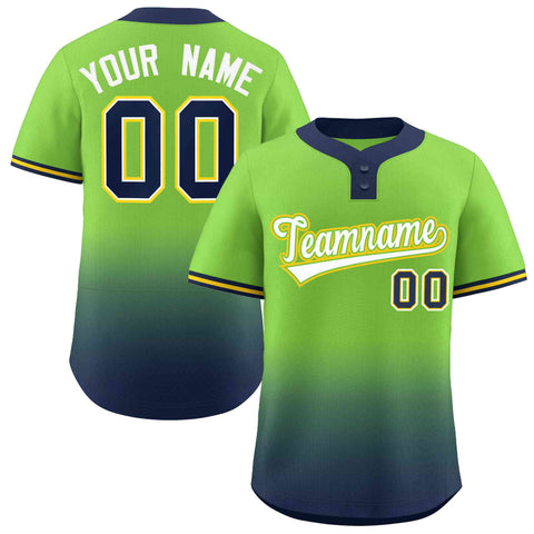 Custom Neon Green Navy White-Neon Green Gradient Fashion Authentic Two-Button Baseball Jersey