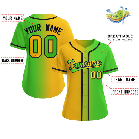 Custom Gold Neon Green-Black Gradient Fashion Baseball Jersey For Women