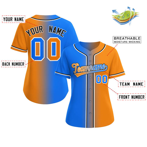 Custom Light Blue Orange-White Gradient Fashion Baseball Jersey For Women