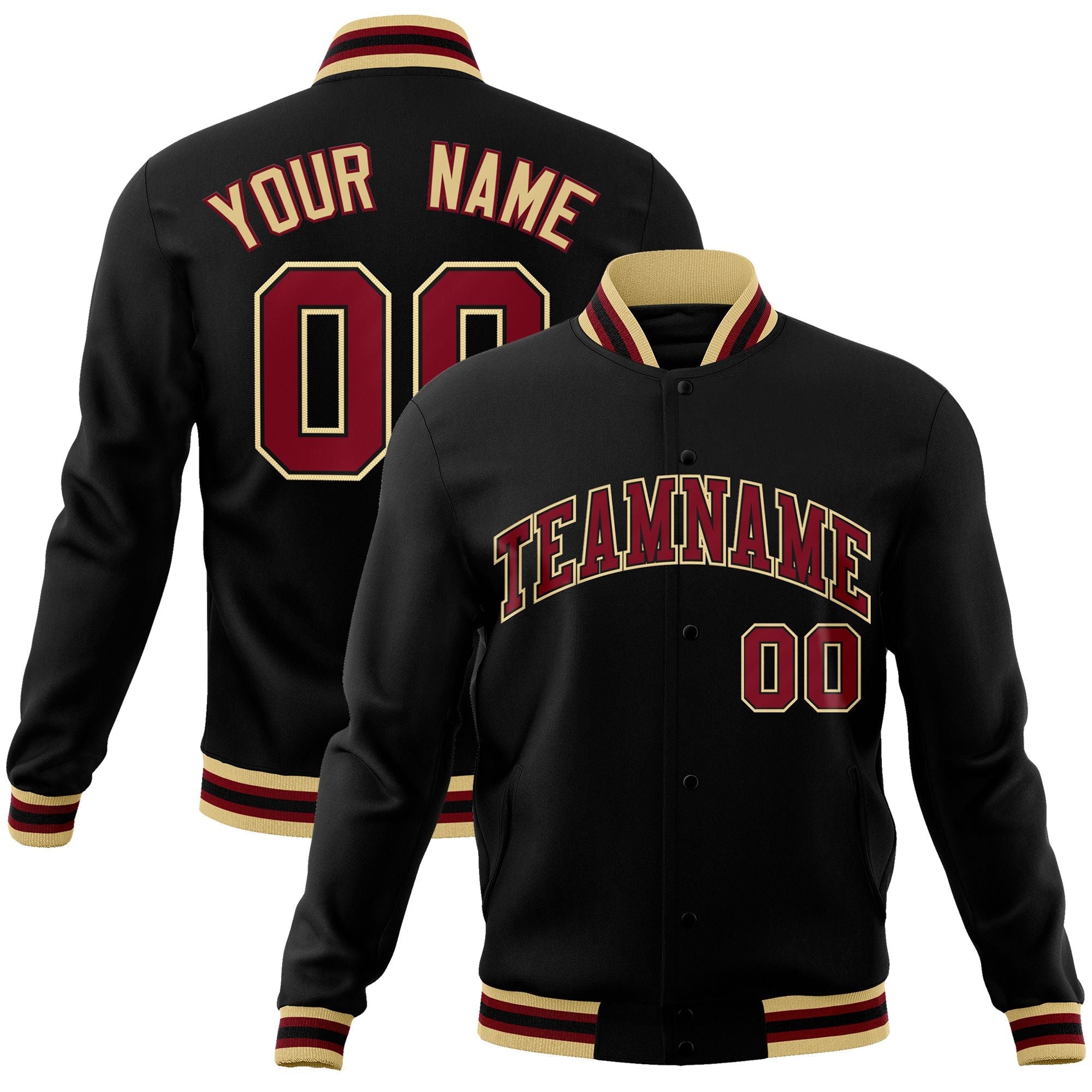 Custom Black Maroon Black Classic Style Varsity Full Snap Letterman Ja