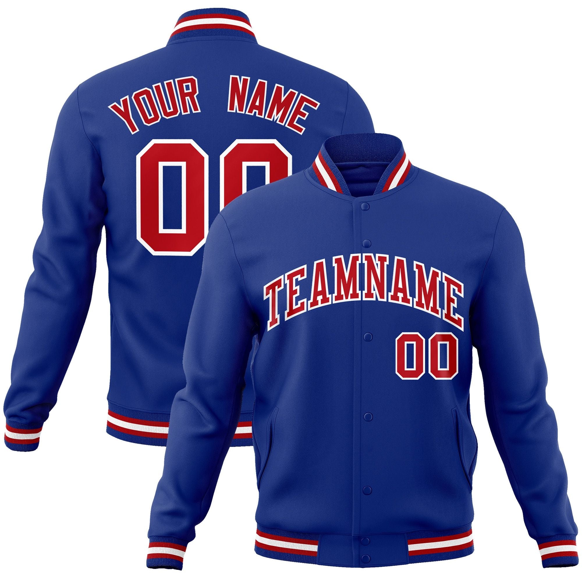 Custom Royal Red White Classic Style Varsity Full Snap Letterman Jacke