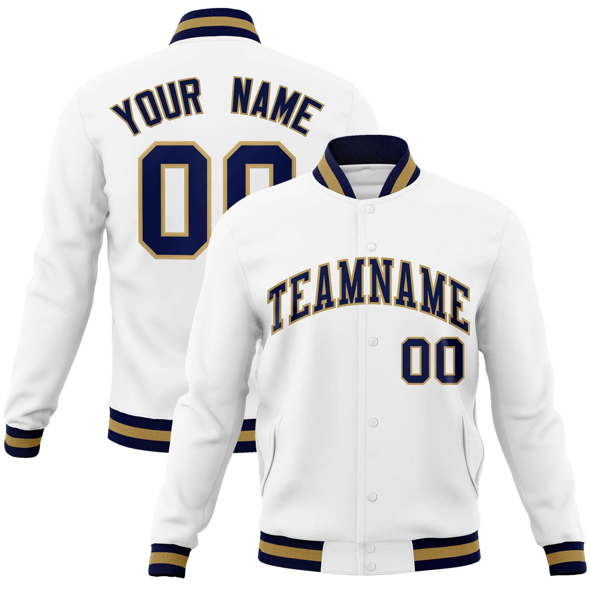 Custom White Navy Old Gold Classic Style Varsity Full Snap Letterman J