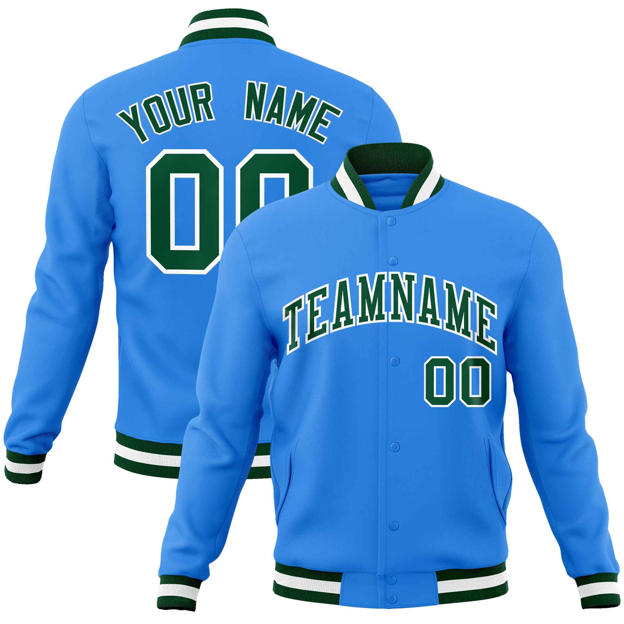 Custom Powder Blue GreenWhite Classic Style Varsity Letterman Jacket