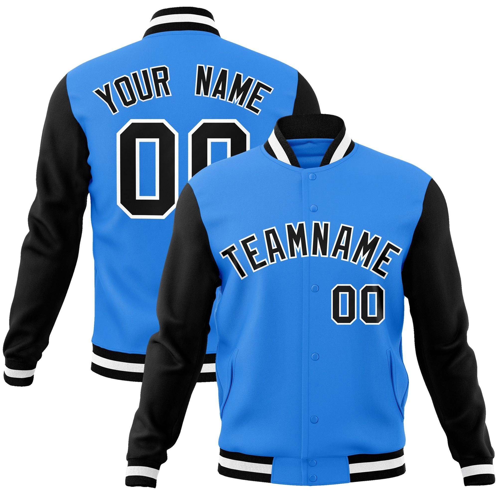 Custom Black White Varsity Full-Snap Color Block Personalized Raglan Sleeves Letterman Jacket main image 1