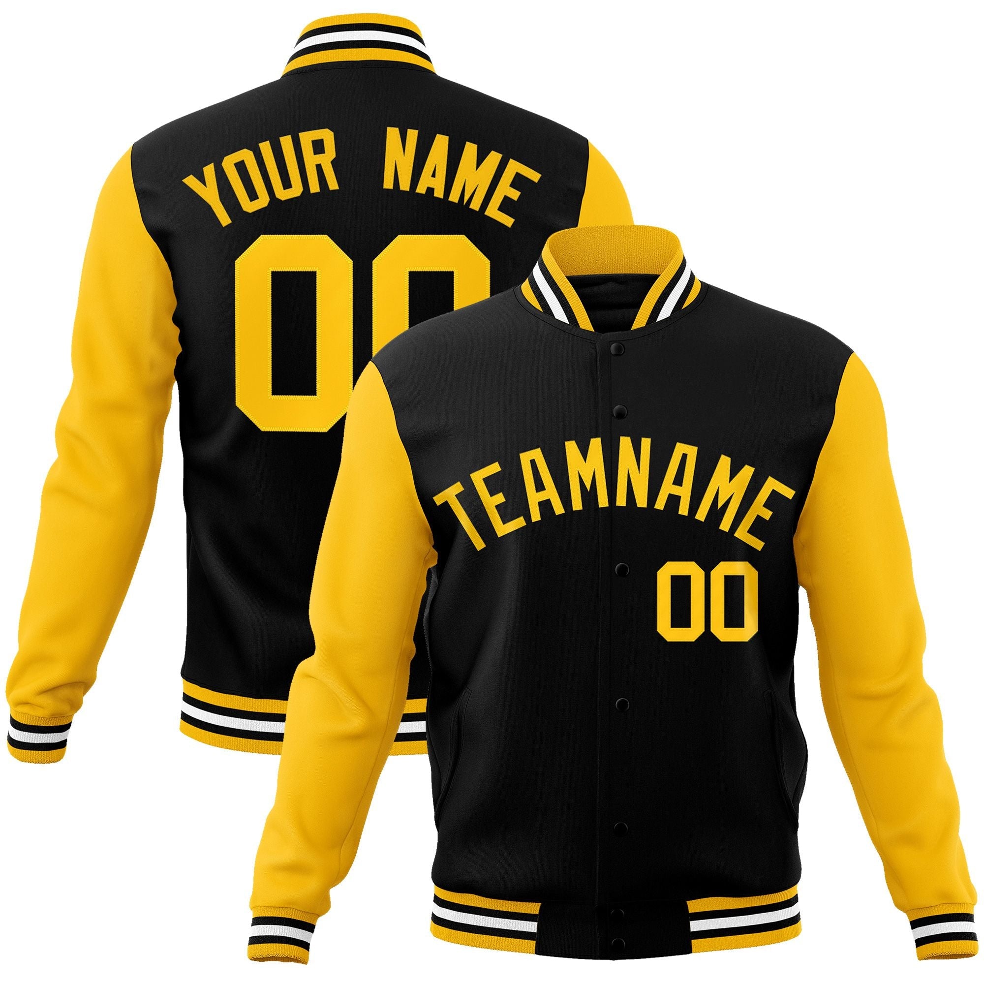 Custom Black Gold Raglan Sleeves Varsity Full Snap Letterman Jacket