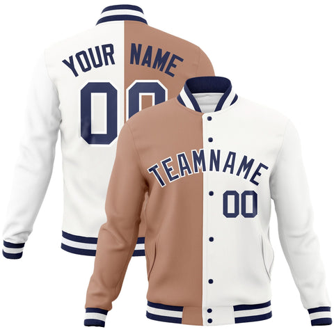 Custom Brown White-Navy Varsity Full-Snap Letterman Two Tone Split Fashion Jacket