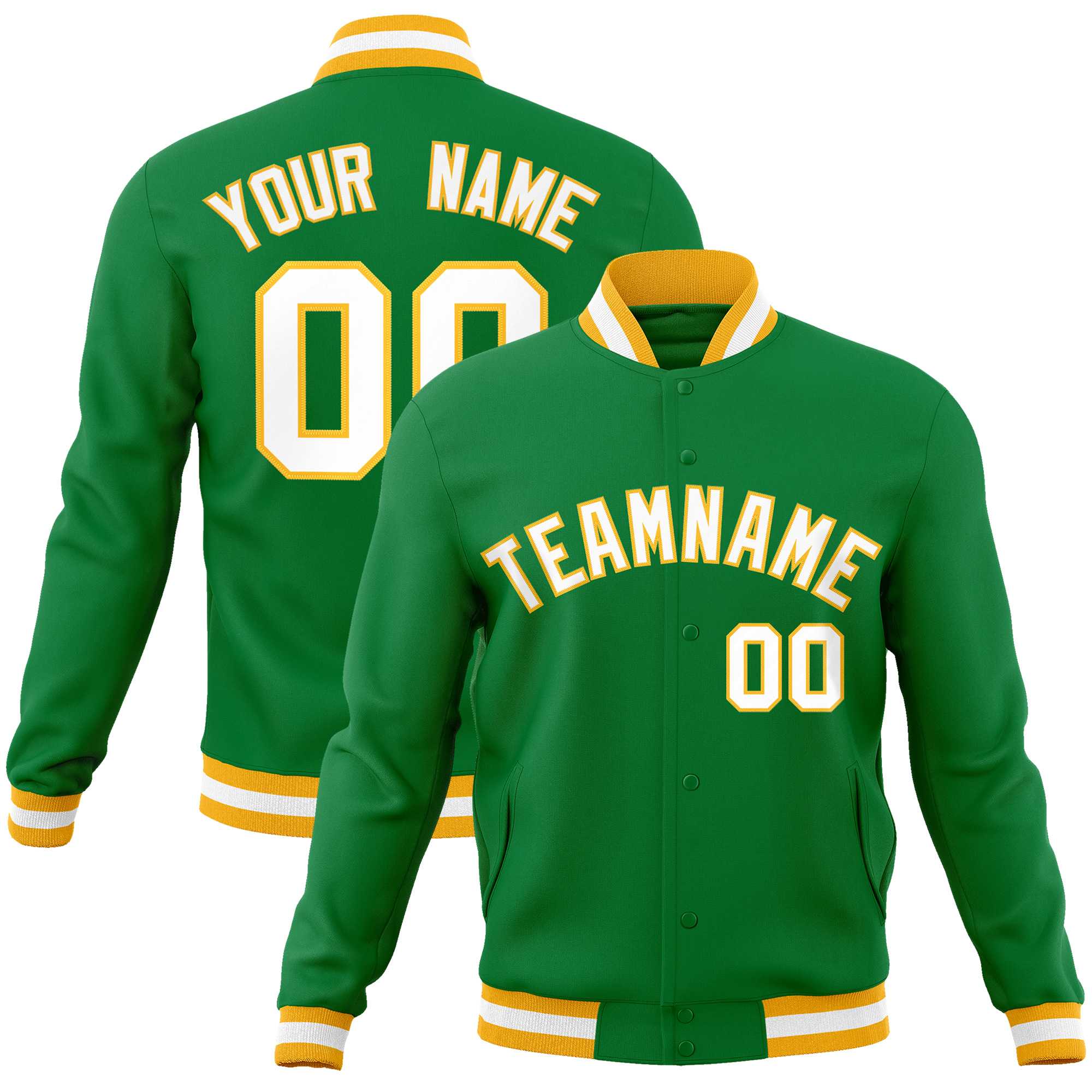 Custom Kelly Green White Gold Classic Style Varsity Full Snap Letterma