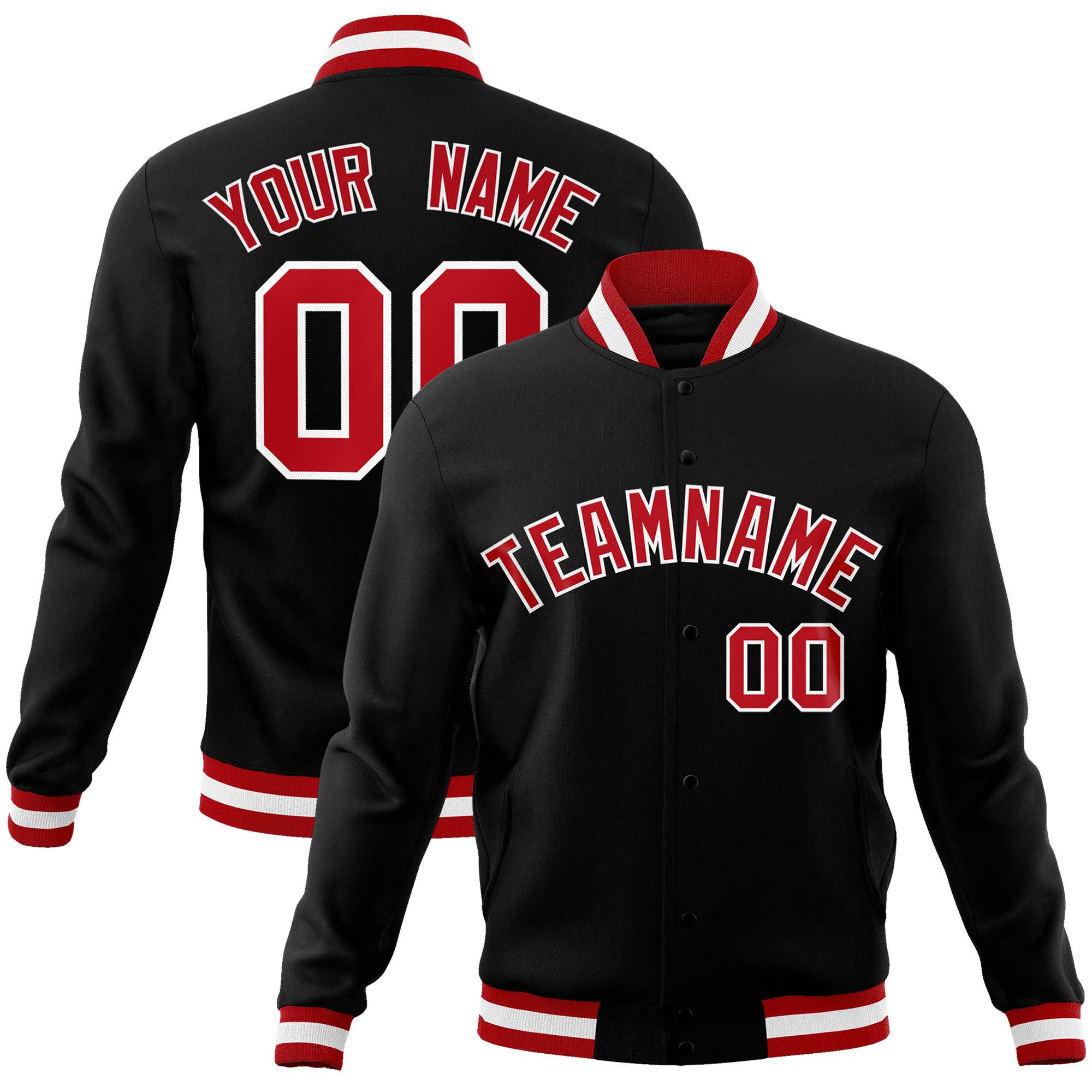 Custom Black Red White Classic Style Varsity Full Snap Letterman Jacke