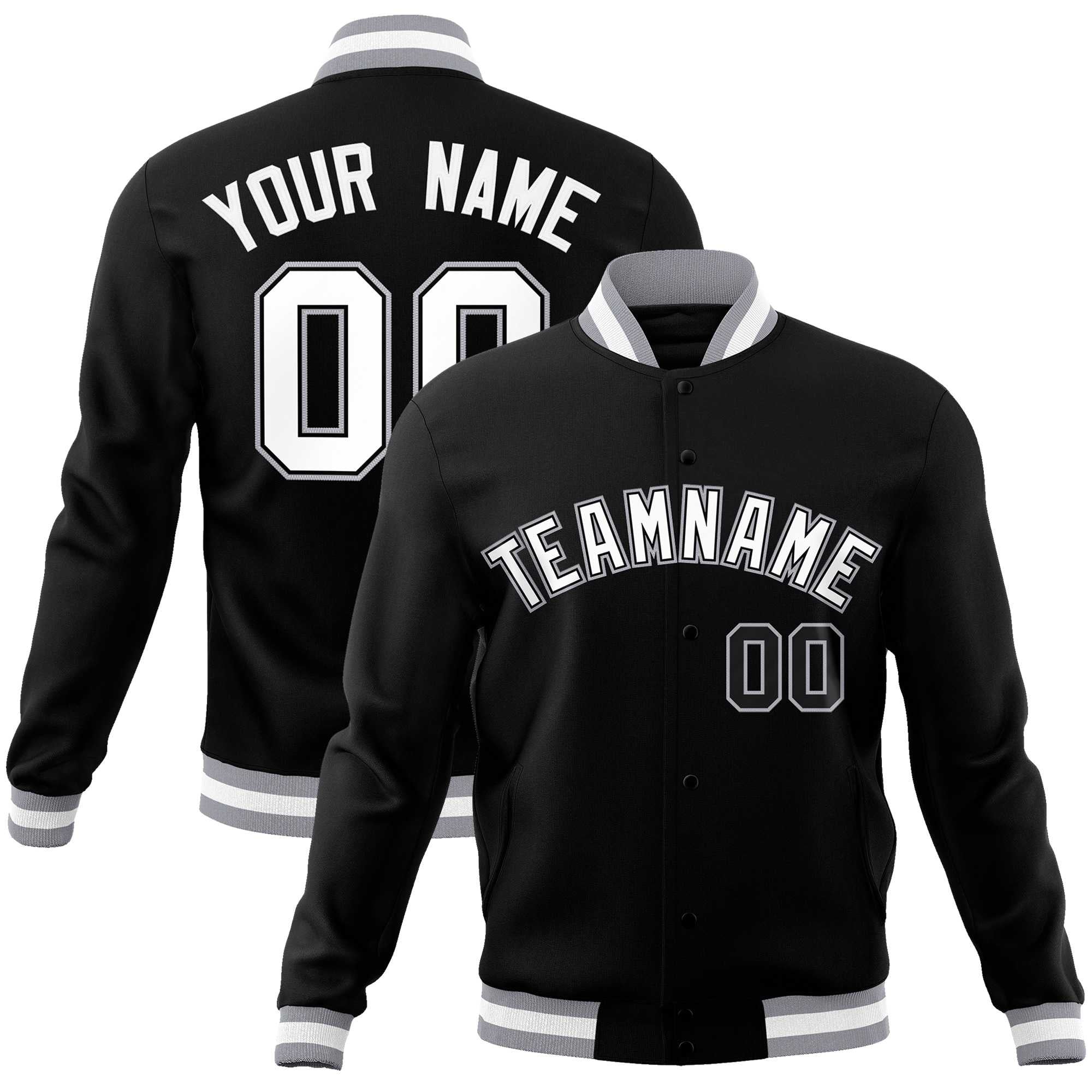 Custom Gray Black Varsity Full-Snap Color Block Letterman Baseball Jacket main image 1
