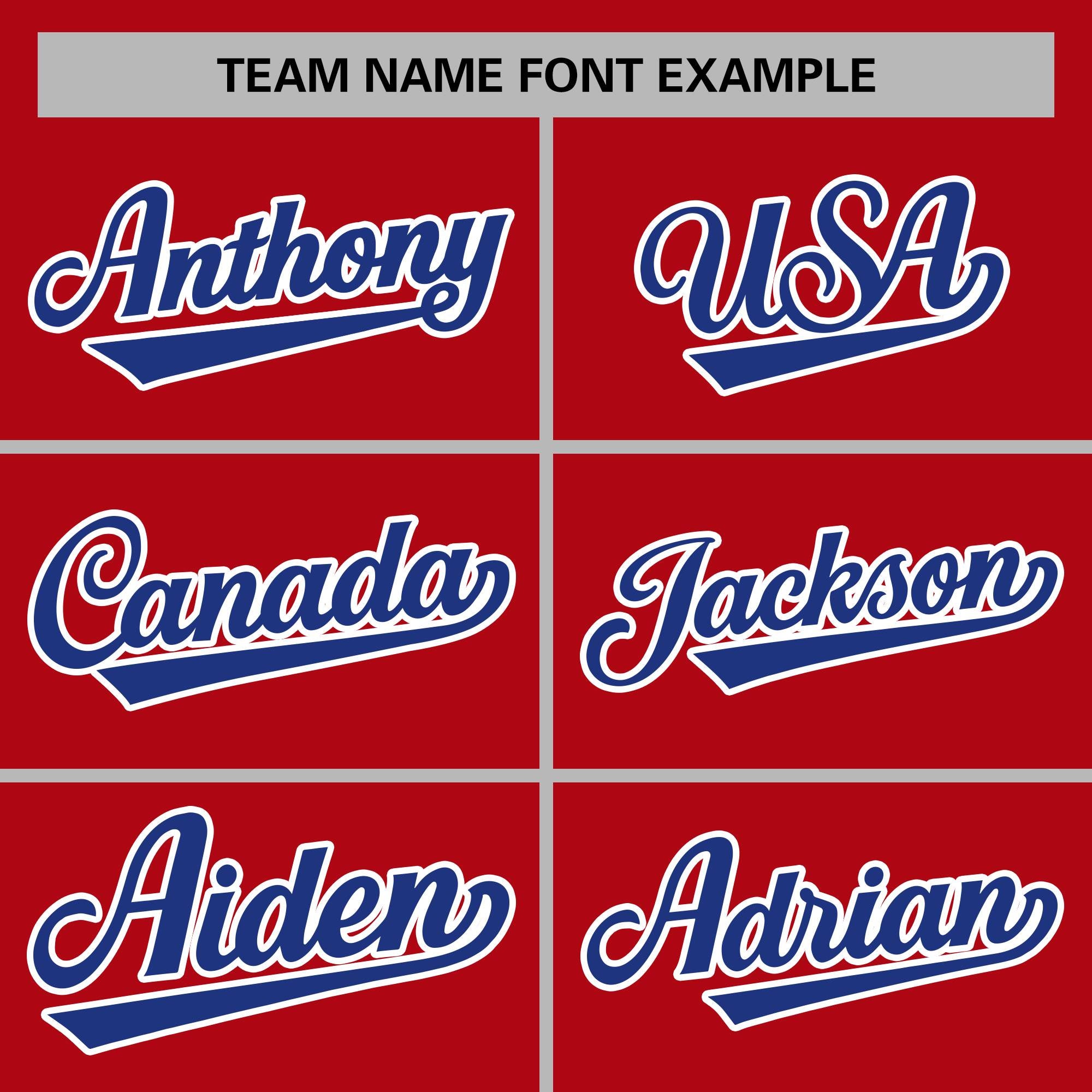 custom red and royal blue long sleeve casual varsity baseball jacket team name font example