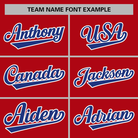 custom red and royal blue long sleeve casual varsity baseball jacket team name font example