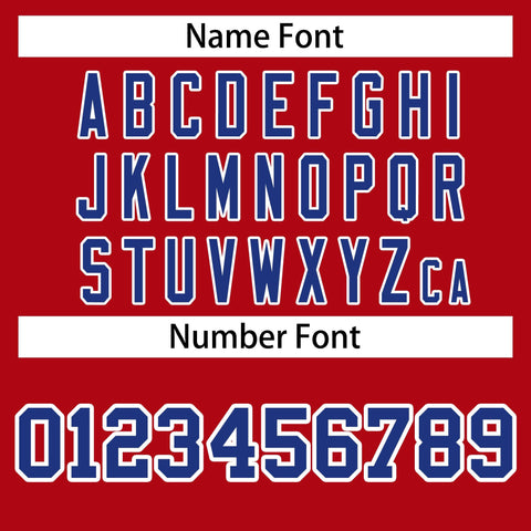 custom red and royal blue long sleeve casual varsity baseball jacket name and number font style