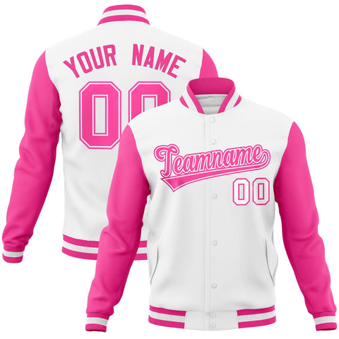 Custom White Pink-White Raglan Sleeves Varsity Full-Snap Letterman Jacket