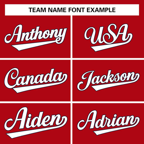 custom red & navy varsity full-snap baseball warm up jackets team name font example