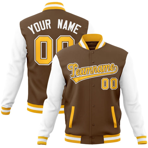 Custom Light Brown Gold-White Raglan Sleeves Varsity Full-Snap Letterman Jacket