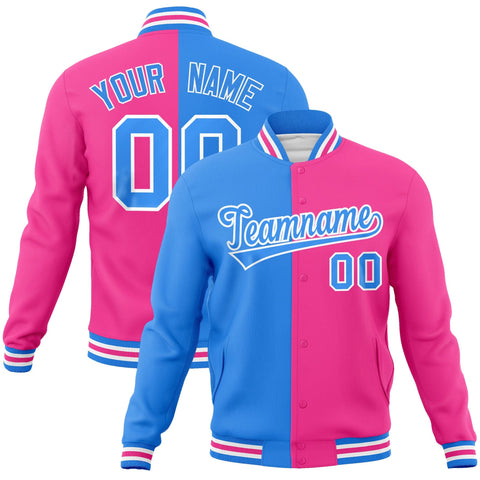 Custom Powder Blue Pink-Powder Blue Varsity Full-Snap Letterman Two Tone Split Fashion Jacket