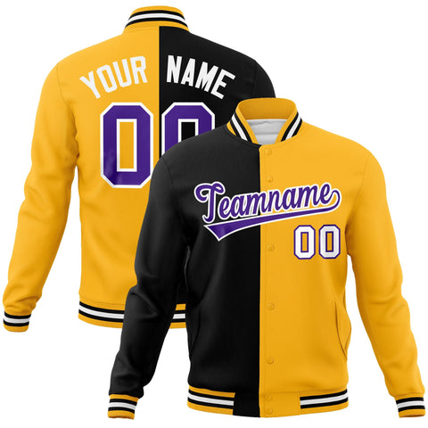 Custom Black Yellow-Purple Varsity Full-Snap Letterman Two Tone Split Fashion Jacket