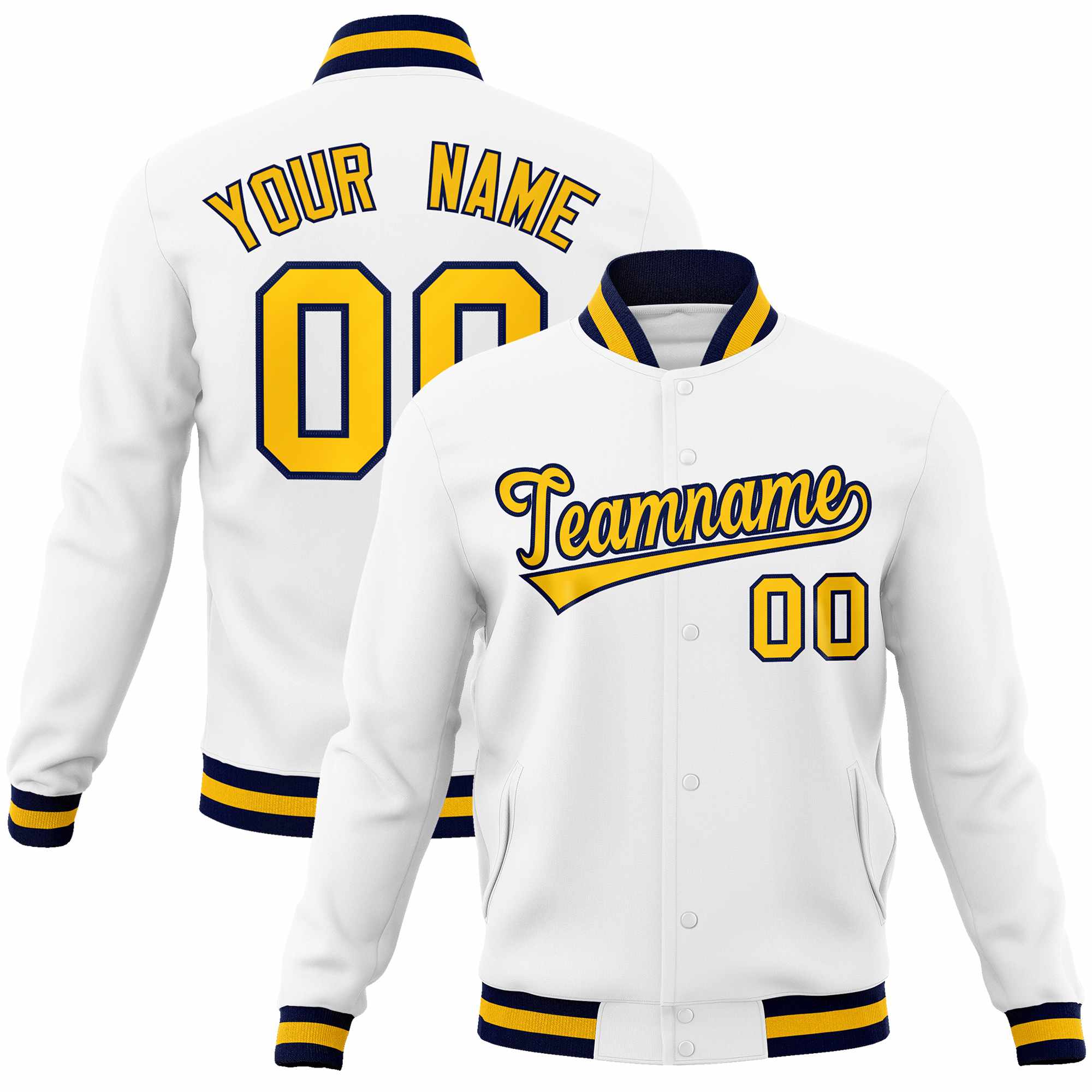 Custom White Gold Navy Classic Style Varsity Full Snap Letterman Jacke