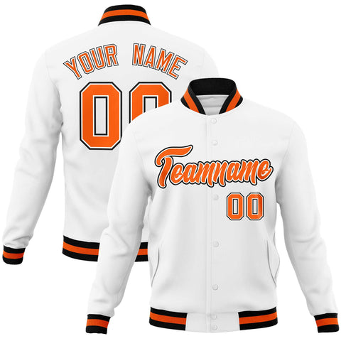 Custom White Orange-Black Classic Style Varsity Full-Snap Letterman Jacket