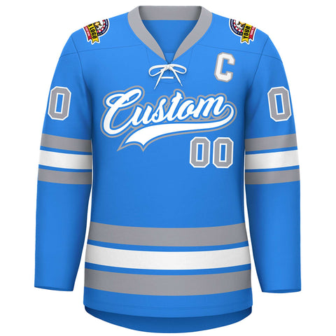 Custom Powder Blue White-Gray Lace-Up Neck Hockey Jersey