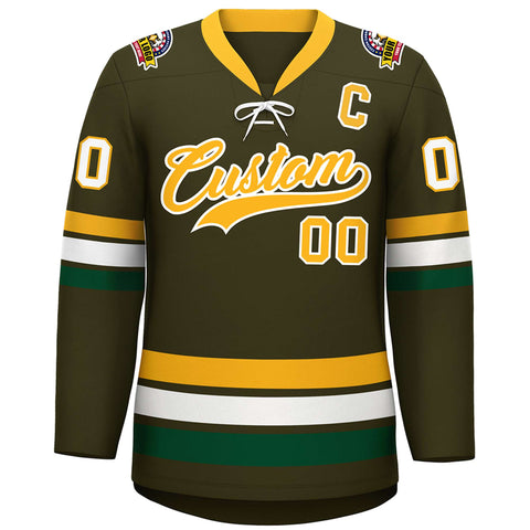 Custom Olive Yellow-White Lace-Up Neck Hockey Jersey