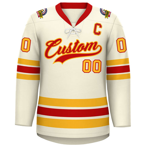 Custom Cream Red-Yellow Lace-Up Neck Hockey Jersey