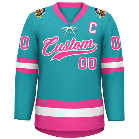 Custom Aqua Pink-White Lace-Up Neck Hockey Jersey