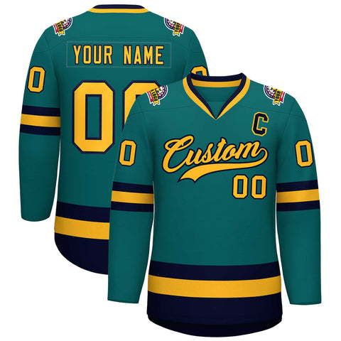 Custom Teal Gold-Navy Classic Style Hockey Jersey