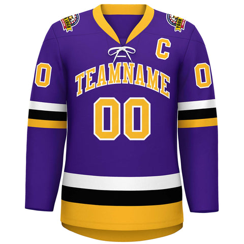 Custom Purple Gold-White Lace-Up Neck Hockey Jersey