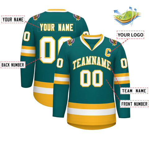 Custom Teal White-Gold Classic Style Hockey Jersey