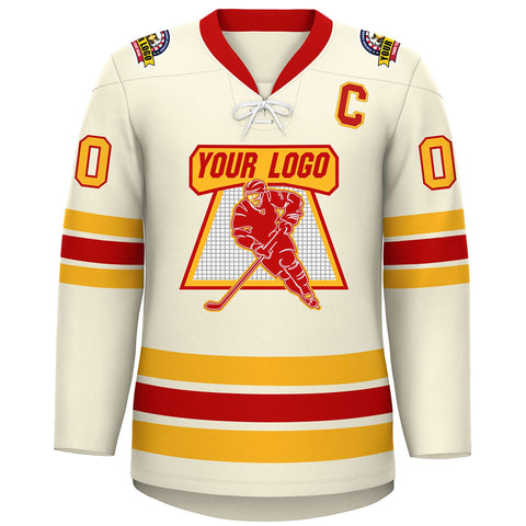 Custom Cream Red-Yellow Lace-Up Neck Hockey Jersey
