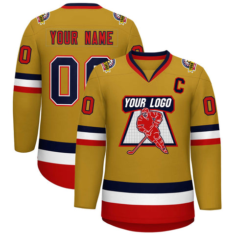 Custom Old Gold Navy White-Red Classic Style Hockey Jersey