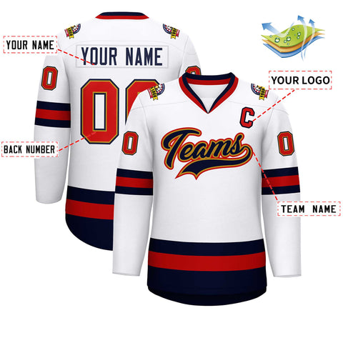 Custom White Navy Old Gold-Red Classic Style Hockey Jersey