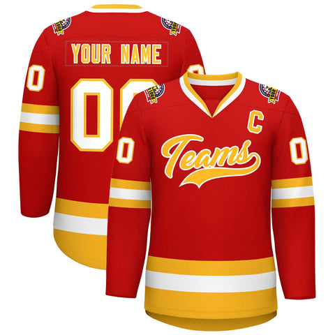 Custom Red Gold-White Classic Style Hockey Jersey