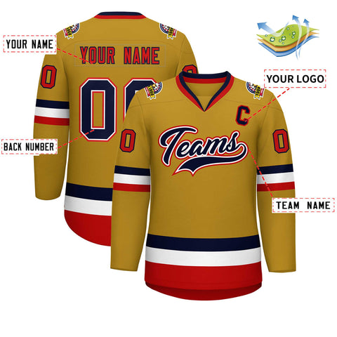 Custom Old Gold Navy White-Red Classic Style Hockey Jersey