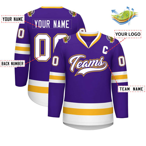 Custom Purple White Purple-Gold Classic Style Hockey Jersey