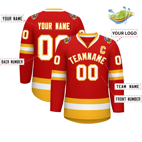 Custom Red White-Gold Classic Style Hockey Jersey