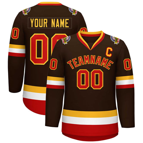Custom Brown Red-Gold Classic Style Hockey Jersey