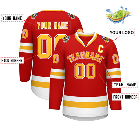 Custom Red Gold Red-White Classic Style Hockey Jersey