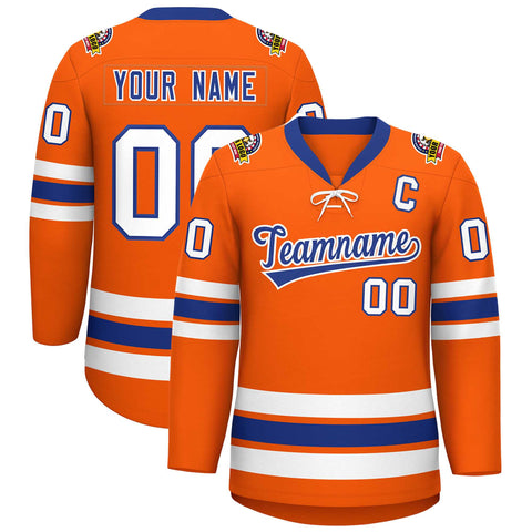 Custom Orange Royal-White Lace-Up Neck Hockey Jersey