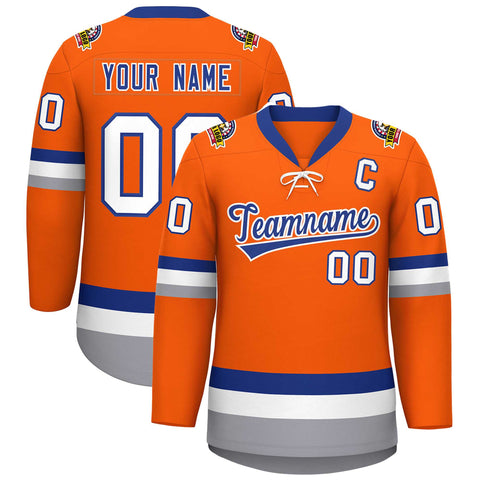 Custom Orange Royal-White Lace-Up Neck Hockey Jersey