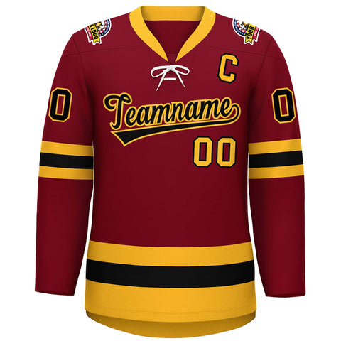 Custom Crimson Black-Gold Lace-Up Neck Hockey Jersey