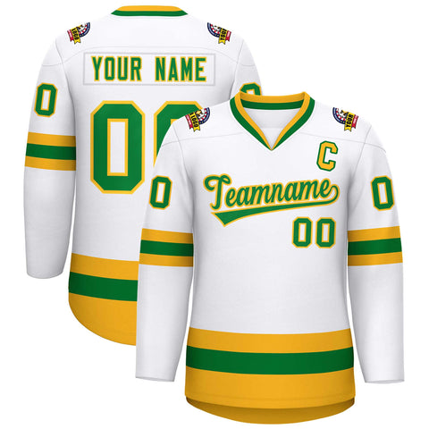 Custom White Kelly Green-Gold Classic Style Hockey Jersey