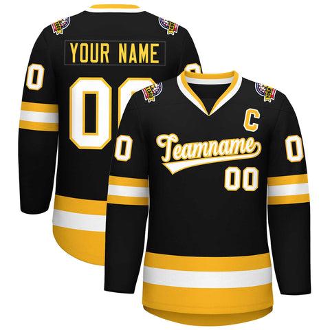 Custom Black White-Gold Classic Style Hockey Jersey