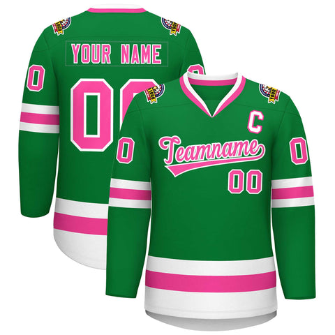 Custom Kelly Green Pink-White Classic Style Hockey Jersey