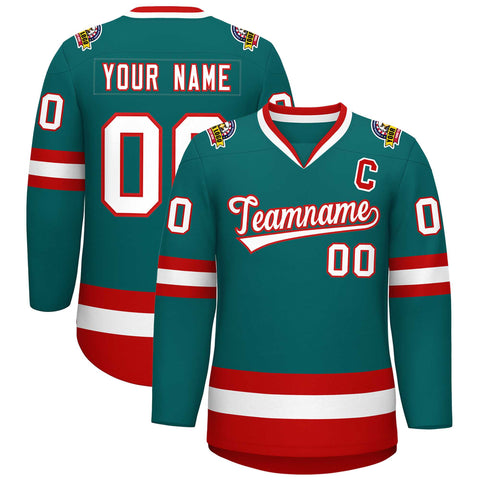 Custom Teal White-Red Classic Style Hockey Jersey