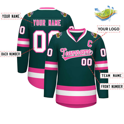 Custom Midnight Green Pink-White Classic Style Hockey Jersey